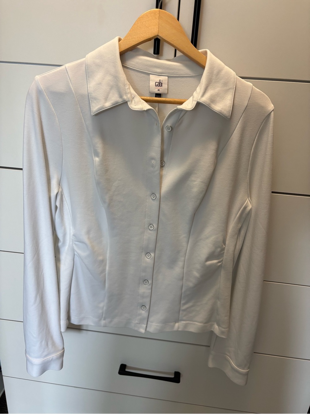 CAbi White Button-Front Long Sleeve Collared Top